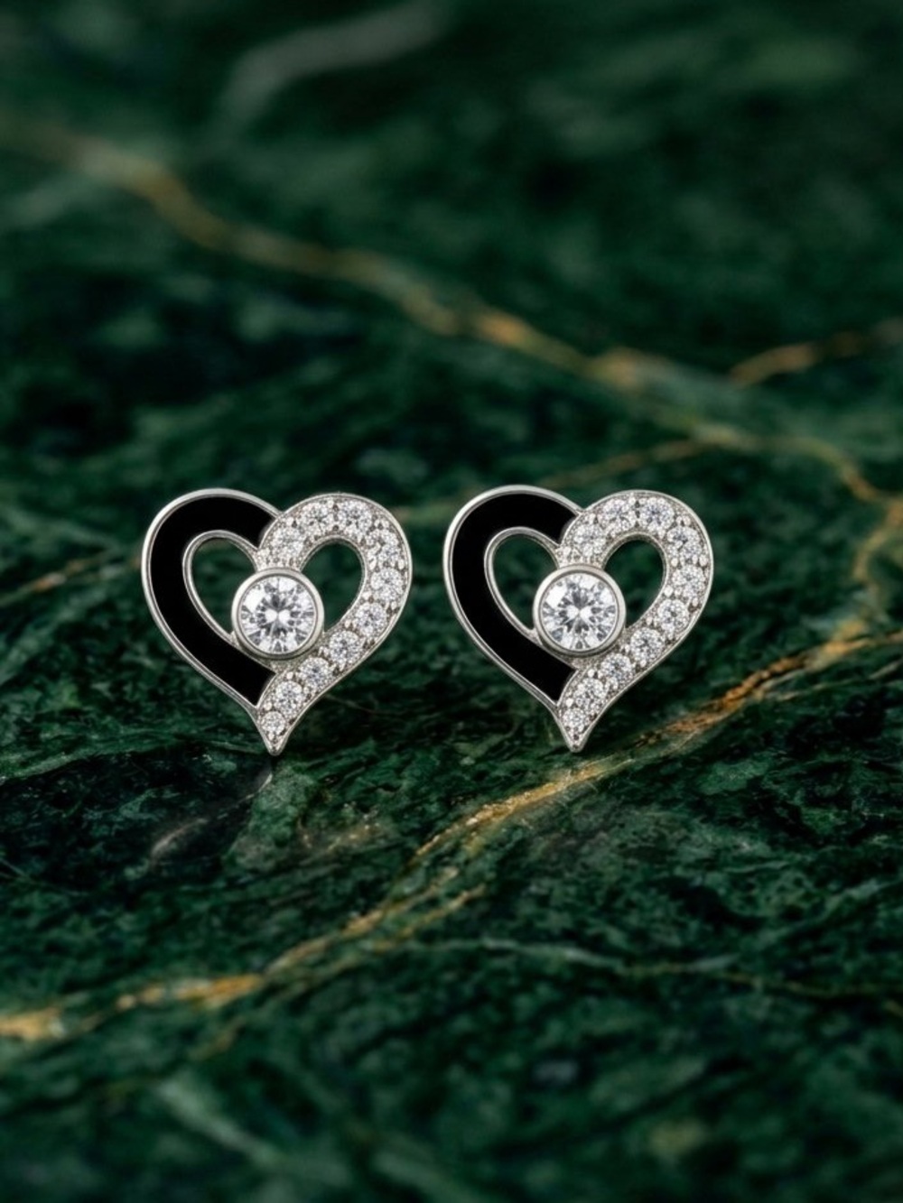 Silver Heart Stud Earrings with Black Enamel and Crystals - Women Jewelry